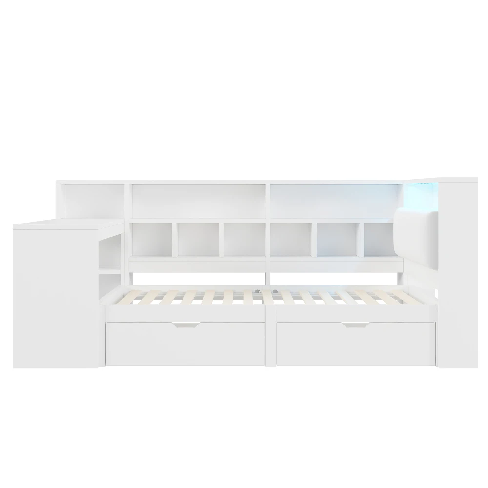 90x200 L-förmiges Plattformbett aus Holz mit Schreibtisch und Bücherregal, Eckkapitänsbett mit gepolstertem Kopfteil, Schubladen, LED-Licht – Detail 6