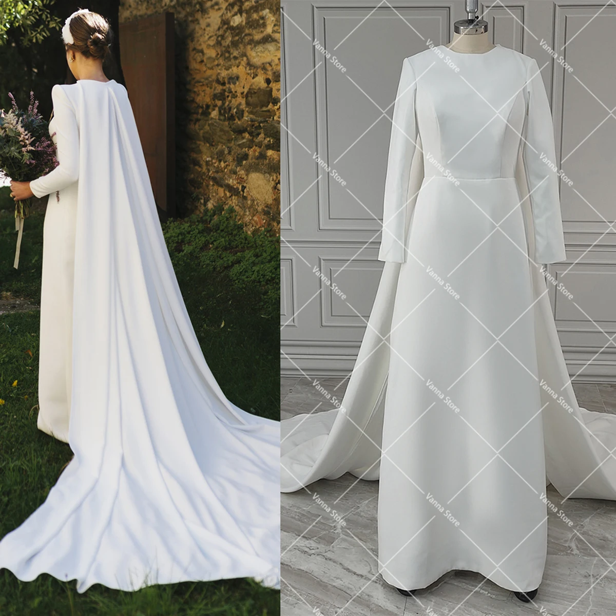 Round Neck Long Sleeves Satin Wedding Dress with Removable Cape Train Keyhole Back Buttons Column Satin Customized Bridal Gowns