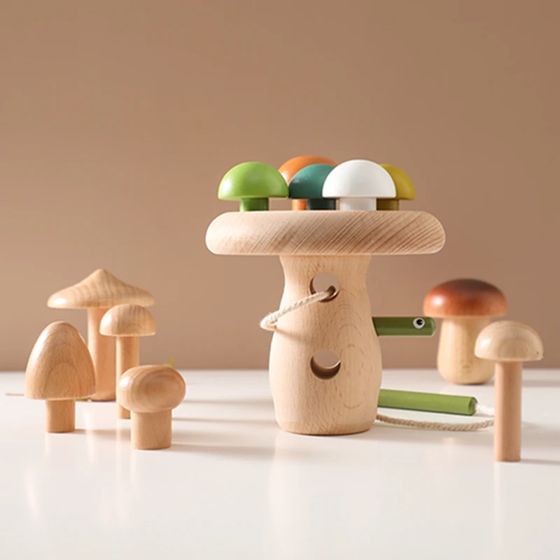 Wooden Baby Montessori Thread Toy Cartoon Mushroom Simulation Toys Natural Building Blocks Place Toys Room Decoration Baby Gifts