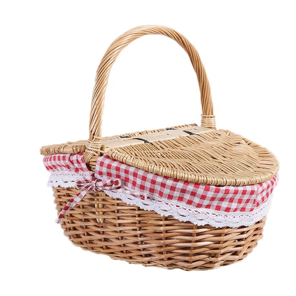 Country Style Wicker Picnic Basket Hamper with Lid and Handle & Liners for Picnics Parties and BBQs