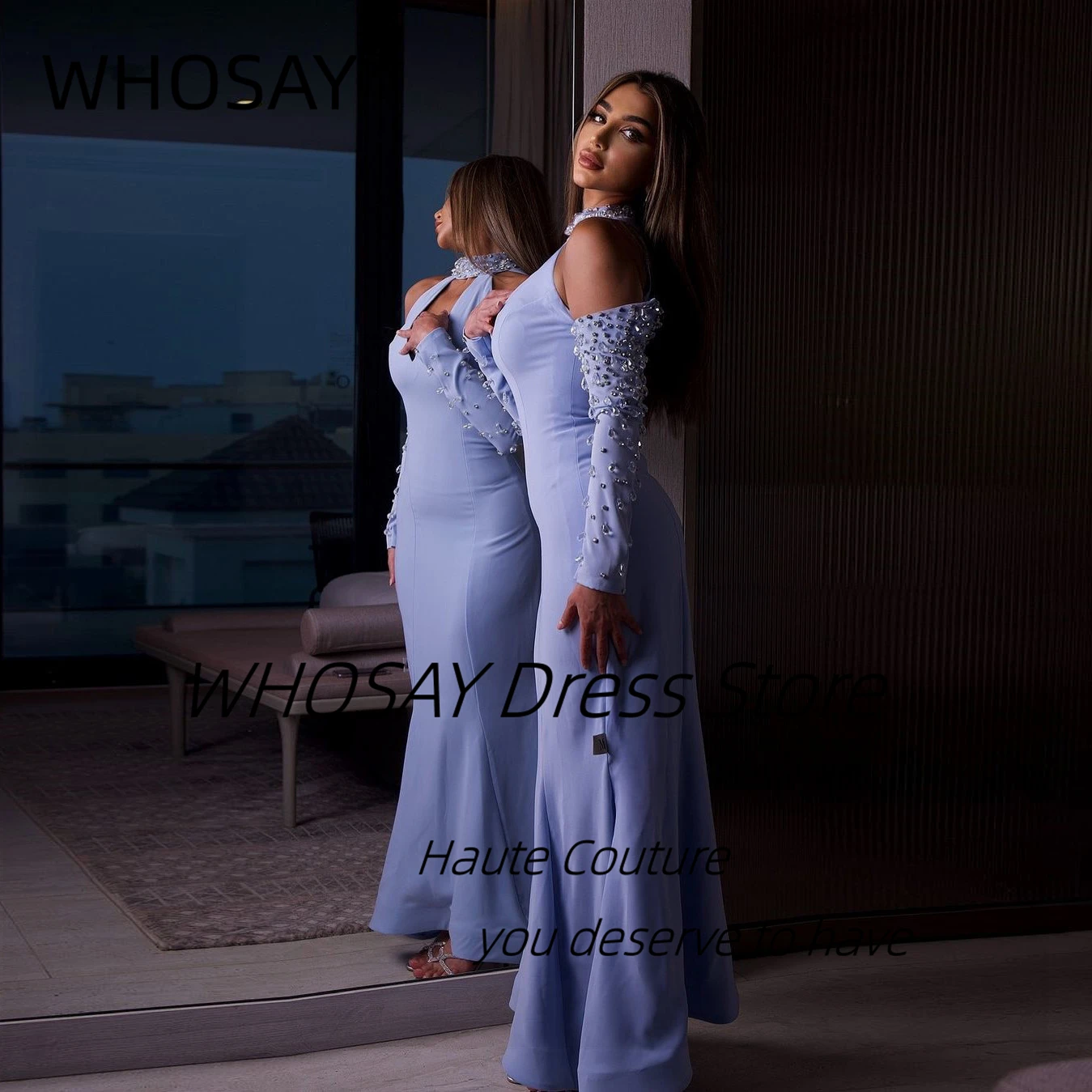 WHOSAY Sexy Halter V Neck Prom Dresses 2025 Handmade Beaded Long Sleeves Evening Party Gowns Zipper Back فساتين سهرة