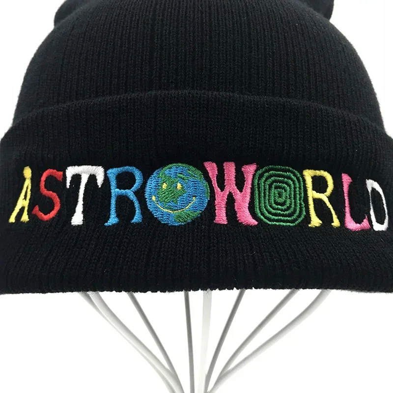 Trendy Men Women Knitted Hat Fashion ASTROWORLD Pattern Embroidery Ski Warm Winter Beanie Skullies Cap