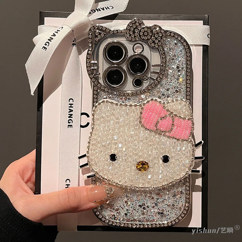 Full Diamond Hello Kitty Iphone 15Pro 16Promax Phone Case Girlish Heart 14Plus 13/12 Cartoon All Inclusive Phone Case Girl Gift