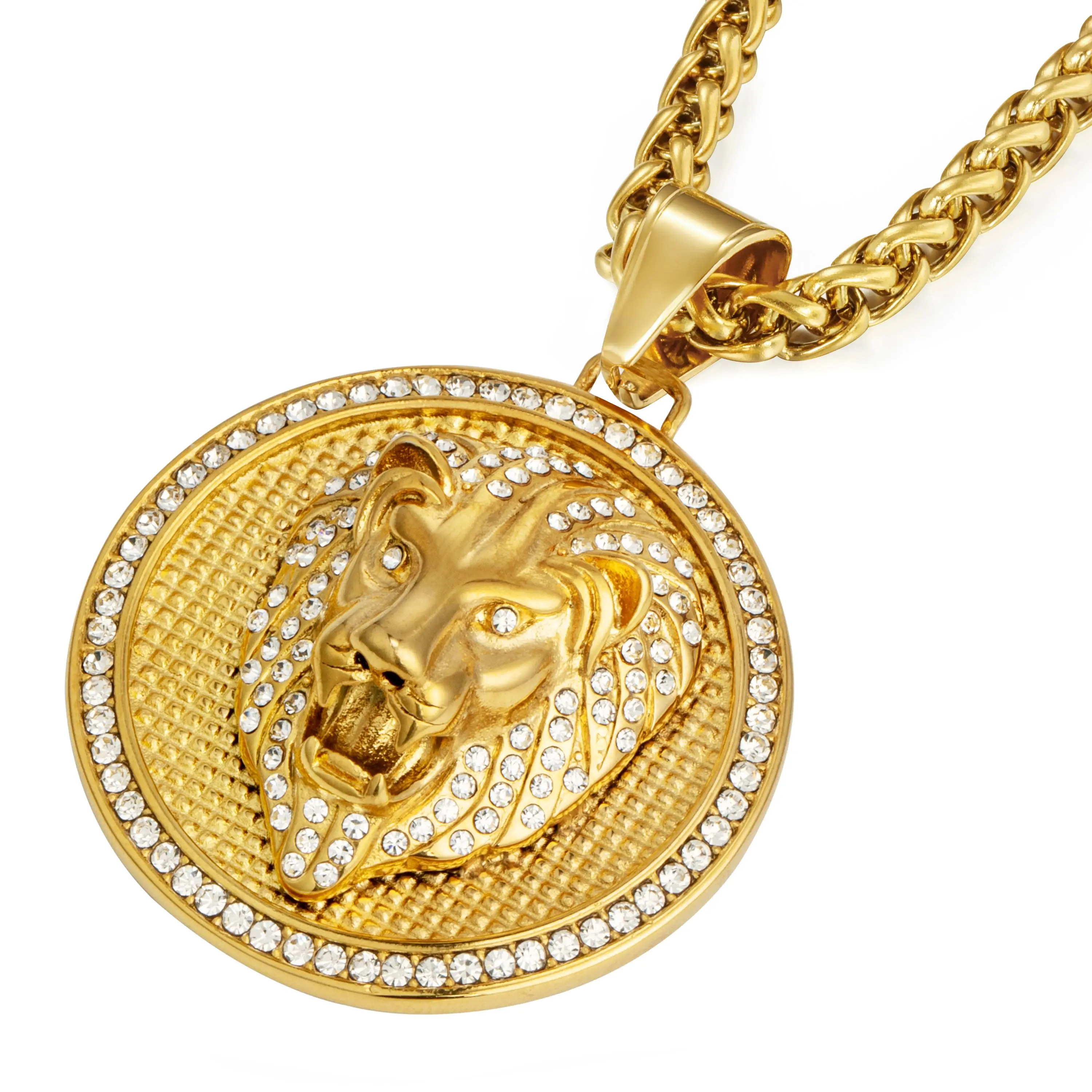 stainless steels Lion's Head Pendant Necklace, hip-hop style,Titanium Steel Gold Plated Rhinestone,fashion accessories for him