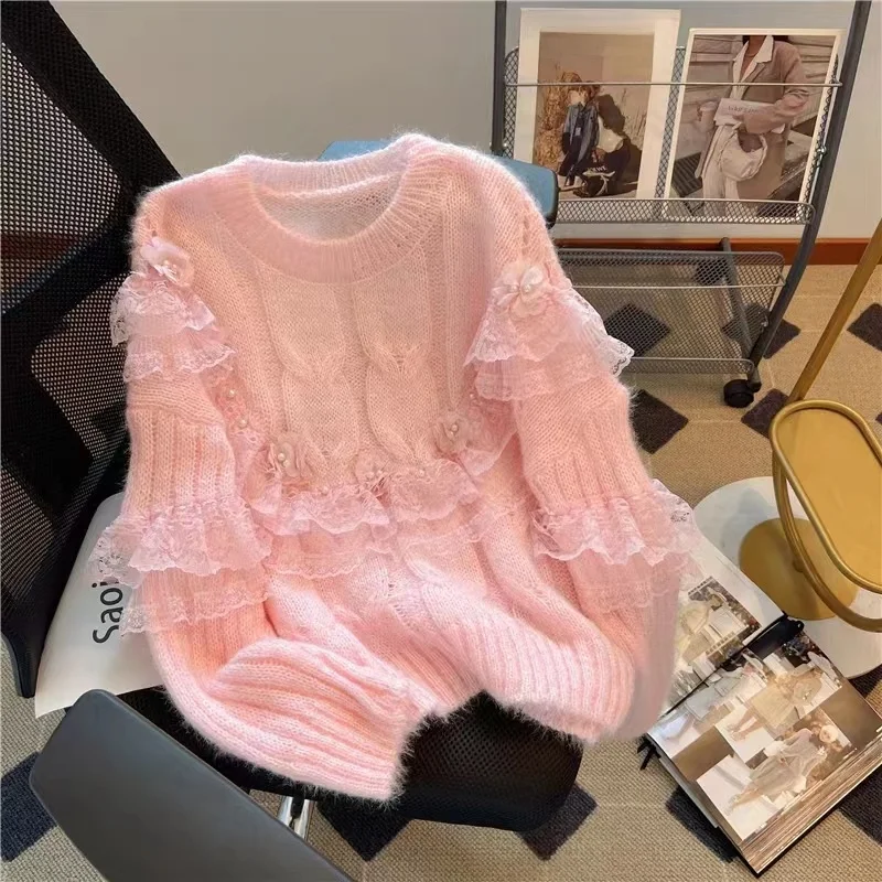 

Весна 2024, женский свободный крой, кружевной трикотаж с тяжелой вышивкой и воланами Sve Sweet Sle, круглый свитер Ne ort Length