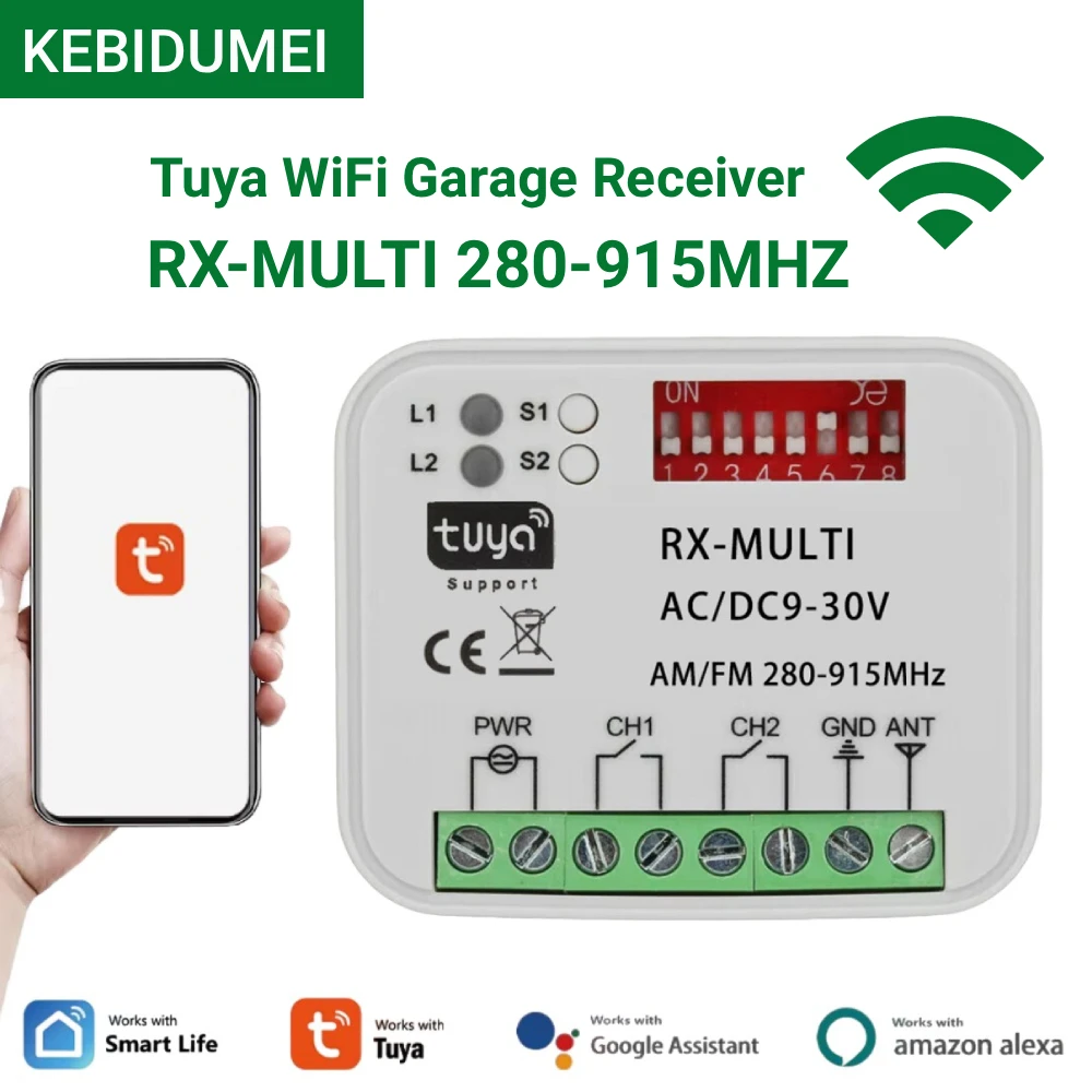

280-915MHz Tuya WiFi Garage Door Receiver 2CH Gate Universal Switch Multi Frequency AC DC 9-30V Switch Module Relay Door Opener