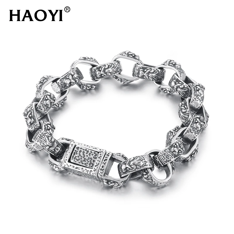 

HAOYI 14mm European And American Bracelet Personality Retro Punk Steel Men's Titanium Steel Lion Bracelet Boy Men Jewelry