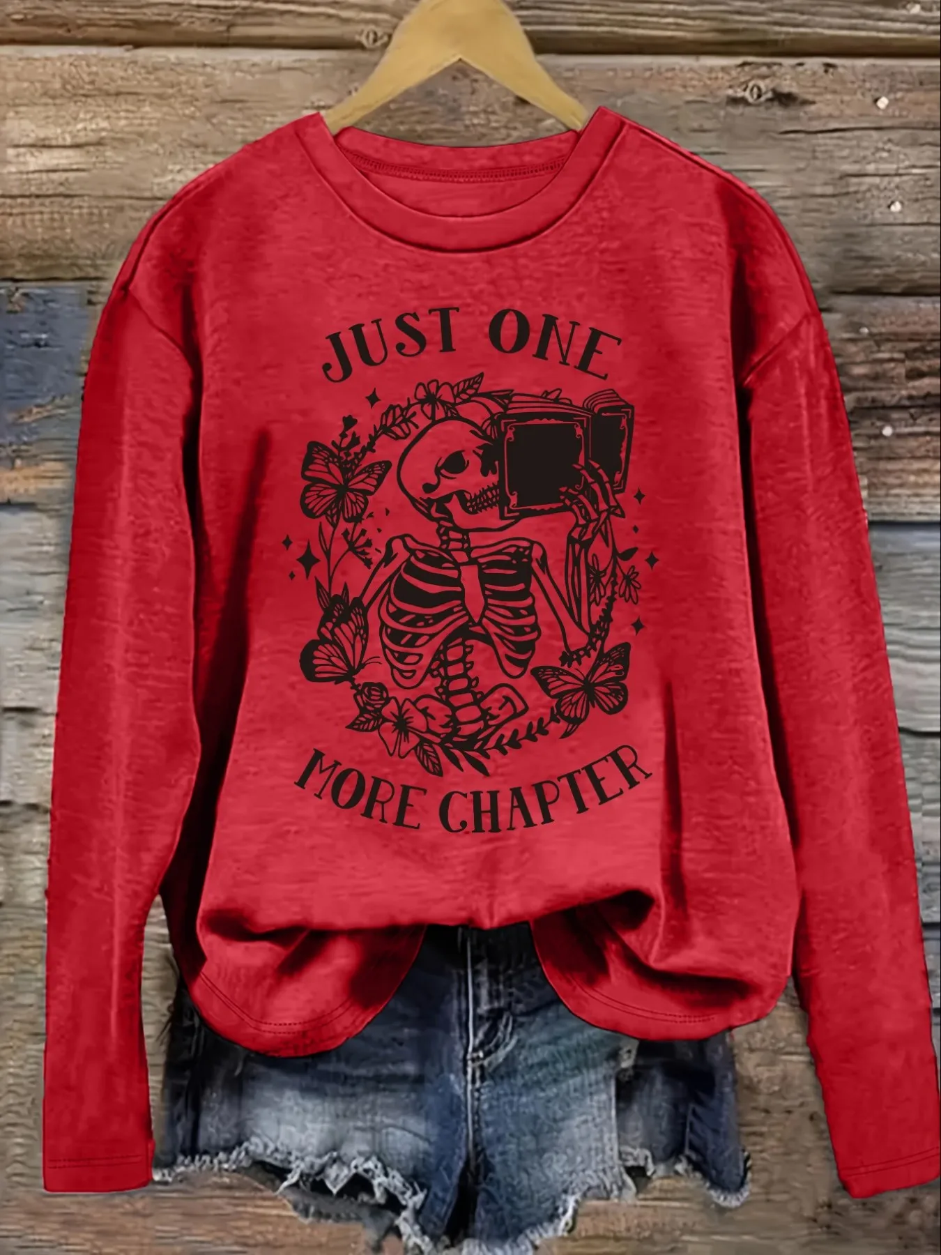 Women's Casual Long Sleeve Crew Neck T-Shirt Just One More Chapter Skeleton Design, Round Neck Women's Clothing, Machine Washable, Slightly Elastic, Loose Fit, Spring Autumn Winter Women's T-Shirt, Halloween Costume Outfit view 4
