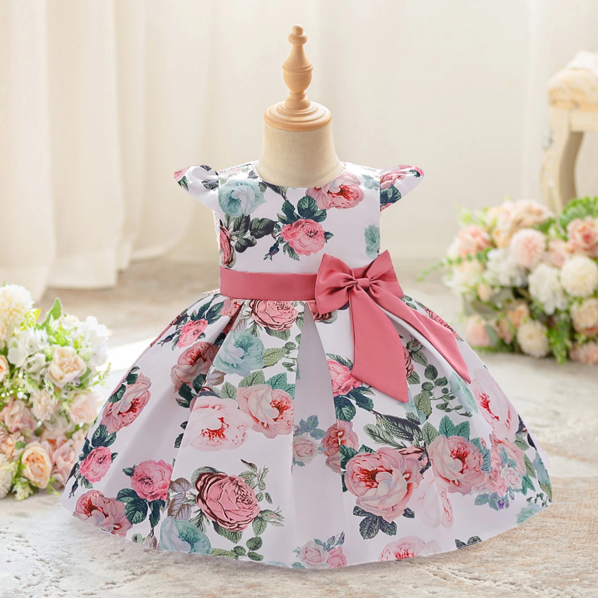 

Baby Girls 1st Birthday Dress Elegant Flower Print Princess Wedding Kids Party Dress for Girl Bow Christening Evening Prom Gown