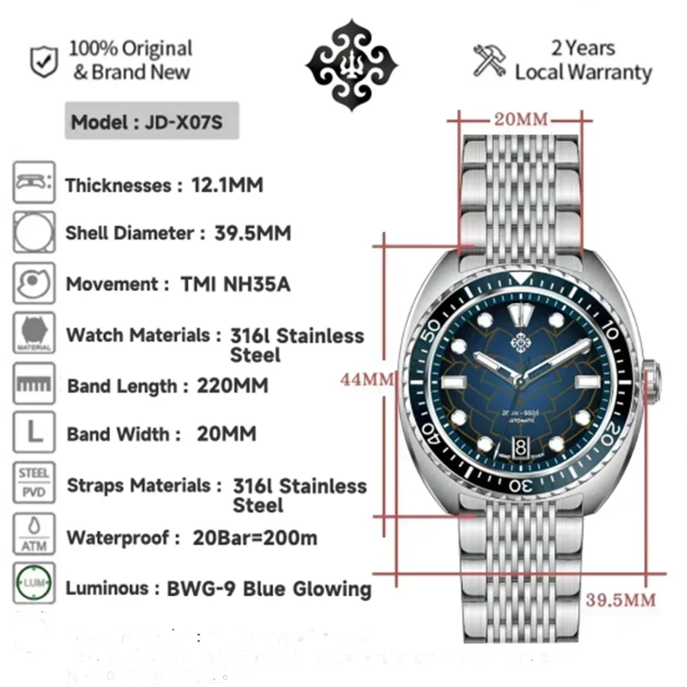 IXDAO IPOSE 2026 New Men\'s Automatic Mechanical Watch Poseidon Pattern Diving Watch 20Bar Stainless Steel BWG-9 reloj hombre