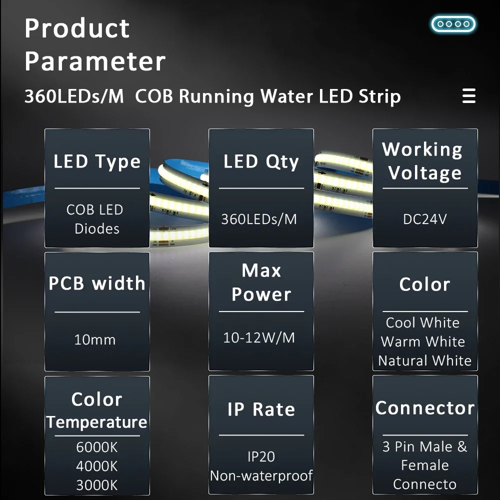 24V Horse Race Running LED Strip Lights COB Stripe 360LEDs/m Flexible Linear Lamp Bluetooth App BanlanX Control Warm Cool White