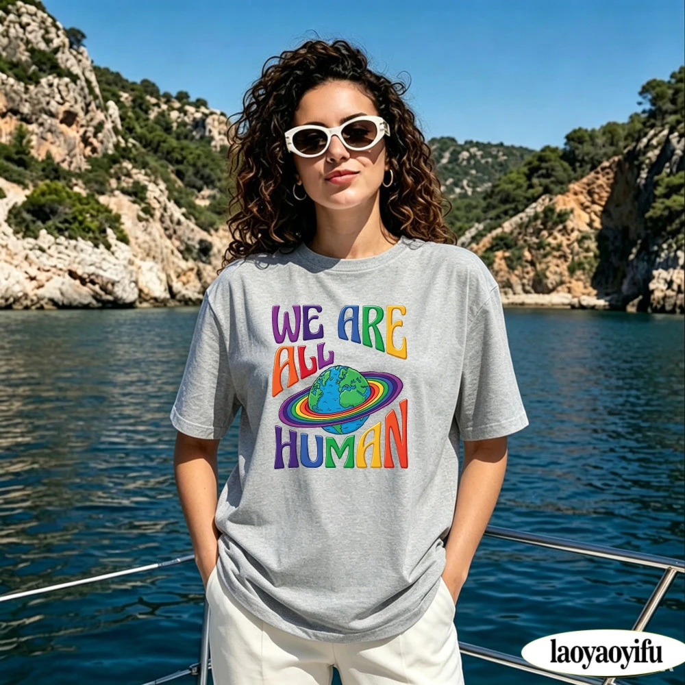 We Are All Human Rainbow Planet Graphic T Shirt Women Summer Global Unity Slogan Tee Pride Equality Print Top Clothes