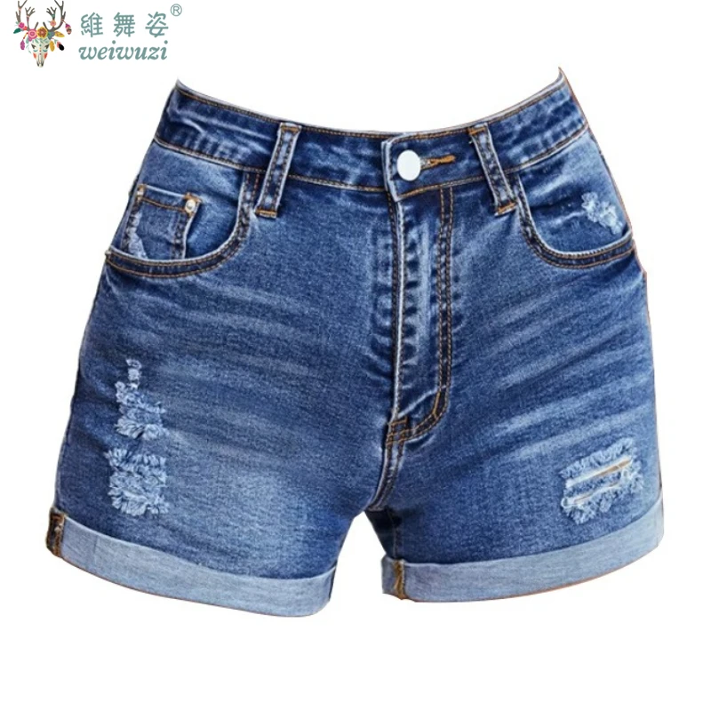 女性用カールデニムショートパンツ、ダメージジーンズ、カジュアルブルーハイウエストパンツ、夏用Aラインスリムフィットファッション、必須アイテム、通気性デニムショートパンツ