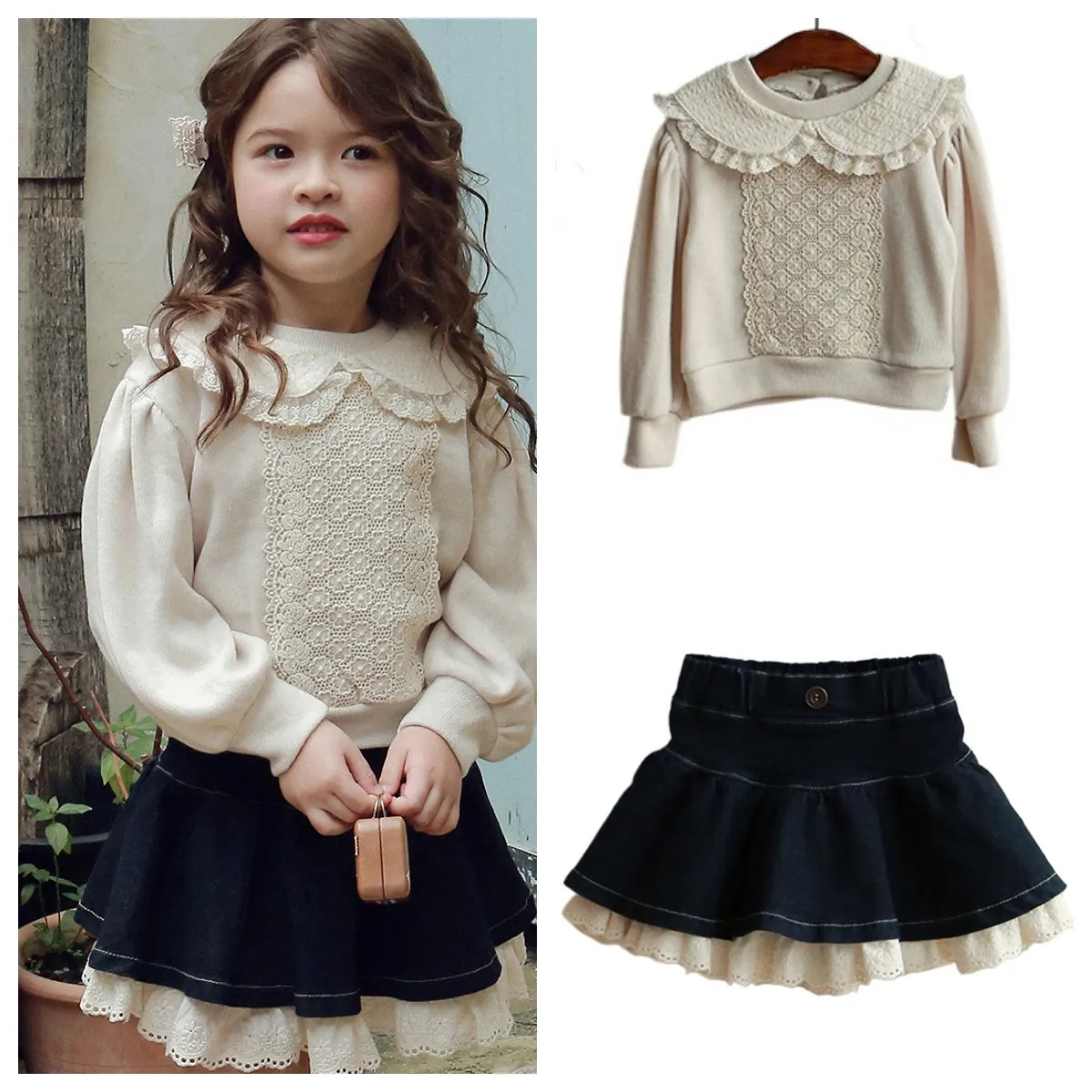 

Girls Sweater 25 New Children Kids Clothes Girls Lace Loose Top Sweatshirt and Denim Lace Skirts Clothes Set