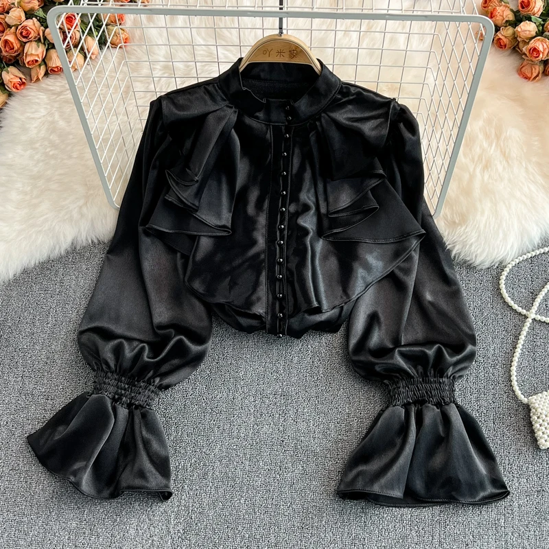 

Elegant Ruffle Blouse for Women Single-Breasted Puff Long Flared Sleeves French Style Chic Goth Sweet Top for Spring Autumn