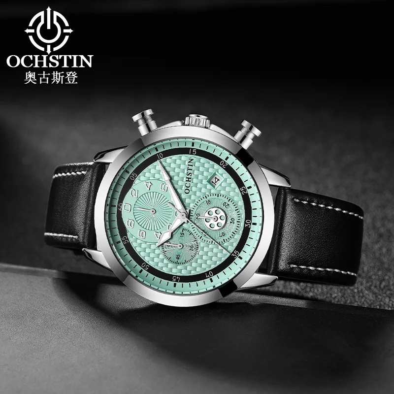 OCHSTIN Men’s Voyager Multi‑Function Quartz Watch Man Genuine Leather Band Mineral Hardened Glass Waterproof Wristwatch