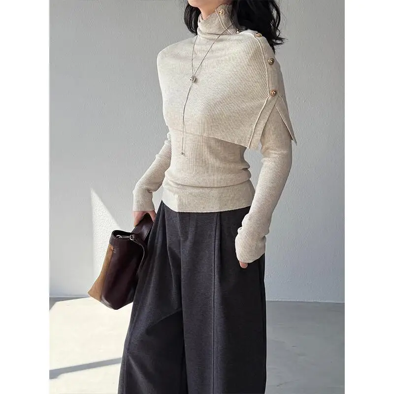 

solid color Women high neck sweater two-piece set cloak Knitted knit Early Autumn spring new model Chic Female SweatersVintage