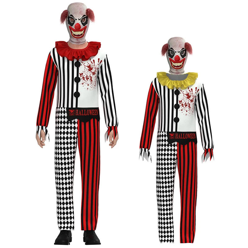 Unisex uomo adulto spaventoso Jester Killer Costume di Halloween Family Boy Kids Costume da Clown Creepy