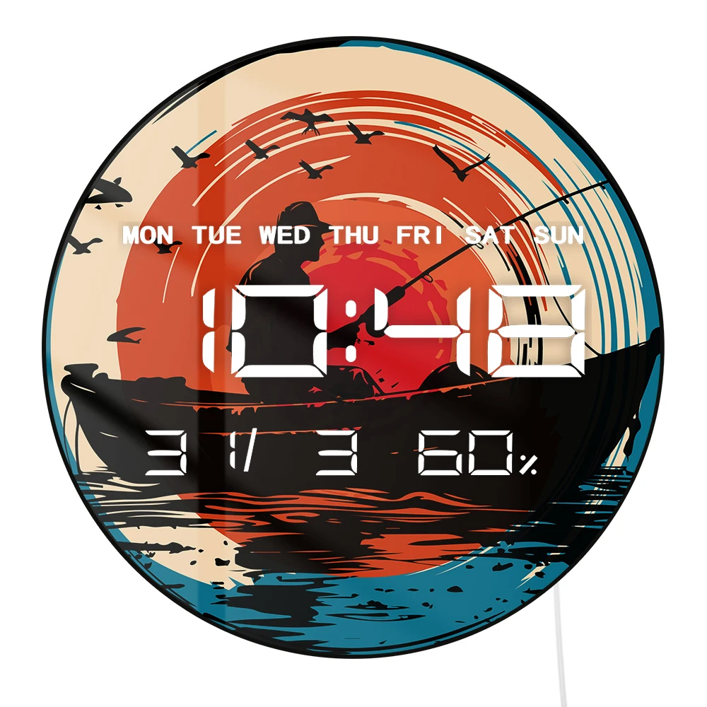 Mountain Lake Fishing on Boat Dual Purpose LED Digital Clock Wall Desk Use Fisherman Multifunction Modern Electronic Wall Clock