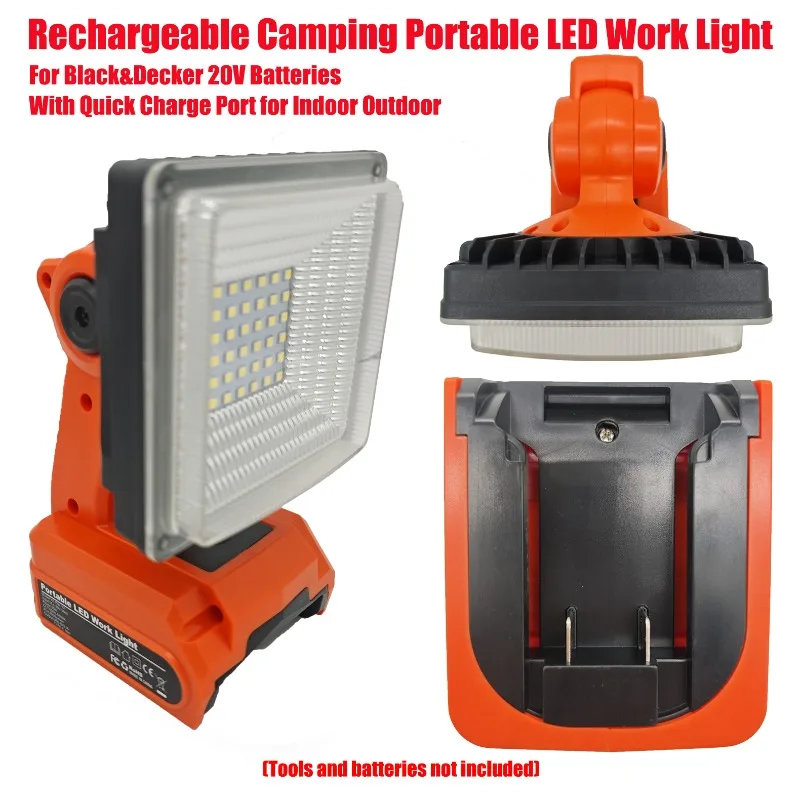 

HAKSINKY Rechargeable Camping Portable LED Work Light for Black&Decker 20V Batteries with Quick Charge Port for Indoor Outdoor