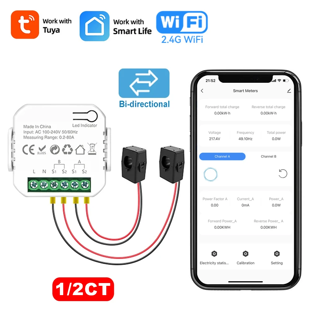 Tuya Wifi Medidor de Energia Dupla Sistema Solar Fotovoltaico Consumo de Produção de Energia Monitor Bidirecional Medidor de Controle de Vida Inteligente 2ct