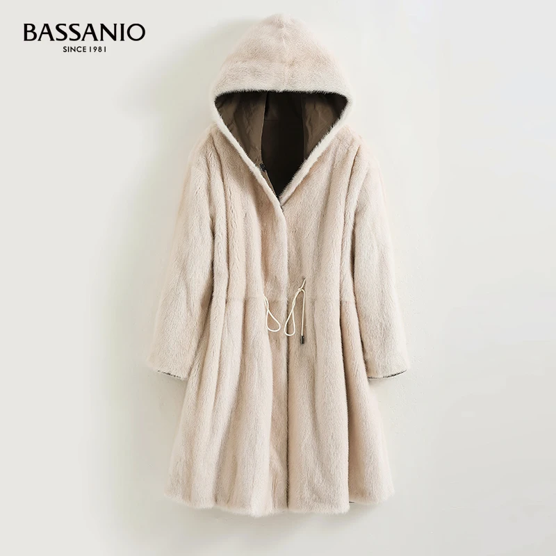 Fashion Long Natural Mink Fur Reversible Coats Drawcord At Waist Women Winter Warm Hooded Outwear