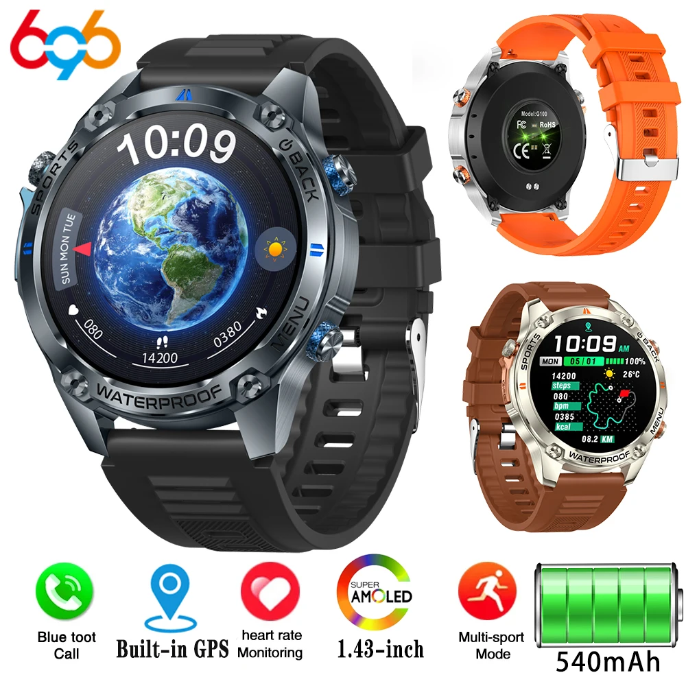 

Часы GPS Смарт-часы на открытом воздухе 1,43 "Экран AMOLED Компас Барометрический альтиметр Альбом BT Вызов Смарт-часы Мужчины 540 мАч Видео Циферблат