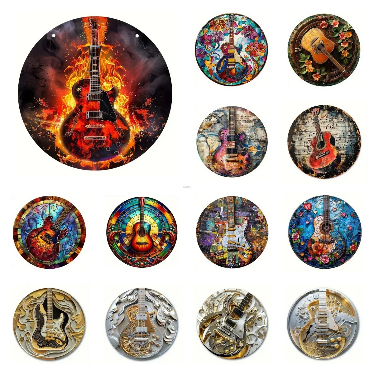 Retro Round Metal Tin Signs 2D Flat  Guitar Bass Decor Pattern Nostalgic Iron Painting Novelty For Cafe Bar Man Cave Wall Decor