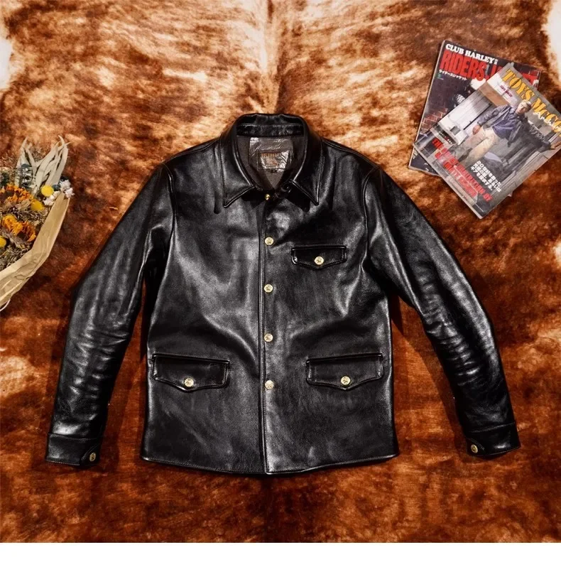 YR!Wholesales.Men Luxury vintage style tea core horsehide jacket.100% Thick genuine leather coat.brakeman Heavy