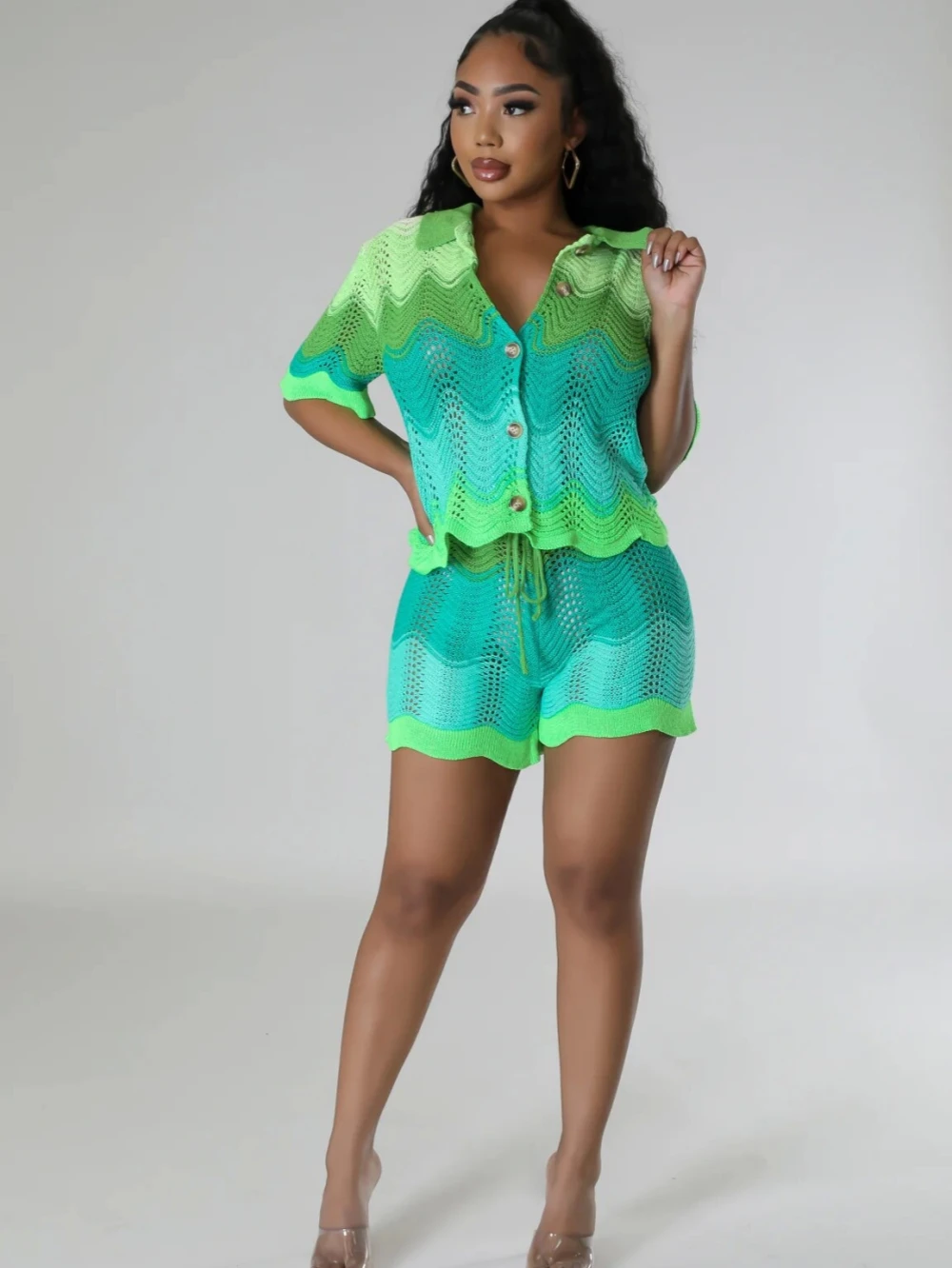 

New Women's Knitwear Spring-Summer Short-Sleeved Lapel Top And Slim-Fit Shorts Set Comfortable Ladies Two-Piece Suit