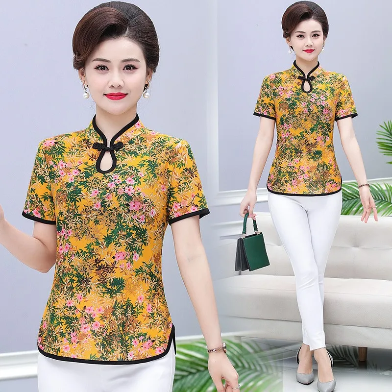 T-shirt donna estiva Vintage donna colletto Cheongsam stampa elegante top donna pullover selvaggio t-shirt Slim fit