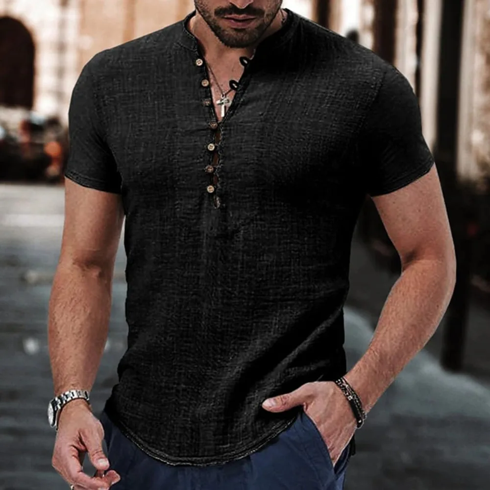 2023 New Men\'s Short Sleeve Tshirt V neck button Cotton Linen Shirt Men\'s Casual Clothes Popular Tops for Men