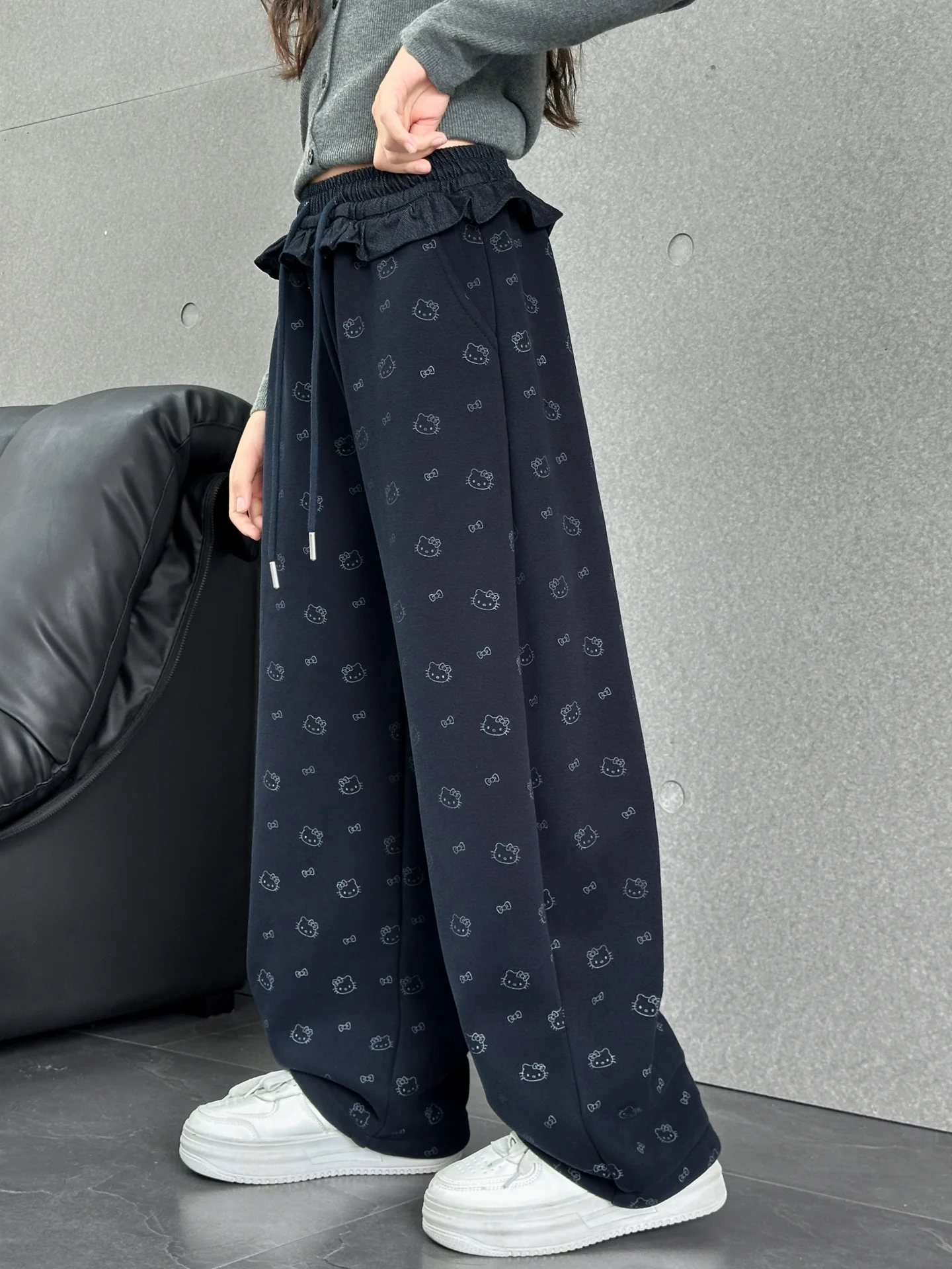 

Thiened Fce Casual Wide Leg Pants Asymmetrical Hem School Girls Autumn Winter Straight Cut High Waist Long Trousers