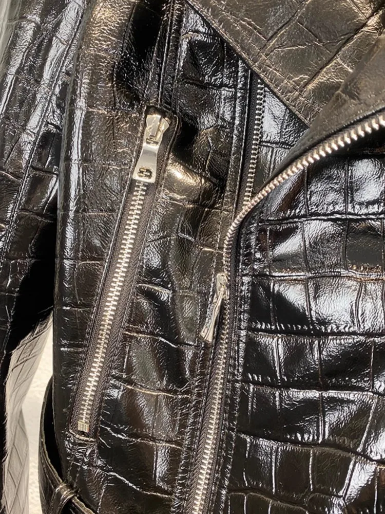 Autumn Women Patent Leather Crocodile Pattern Motorcycle Biker Jacket Zipper Belt Waist Sheepskin Genuine Leather Jacket Coats