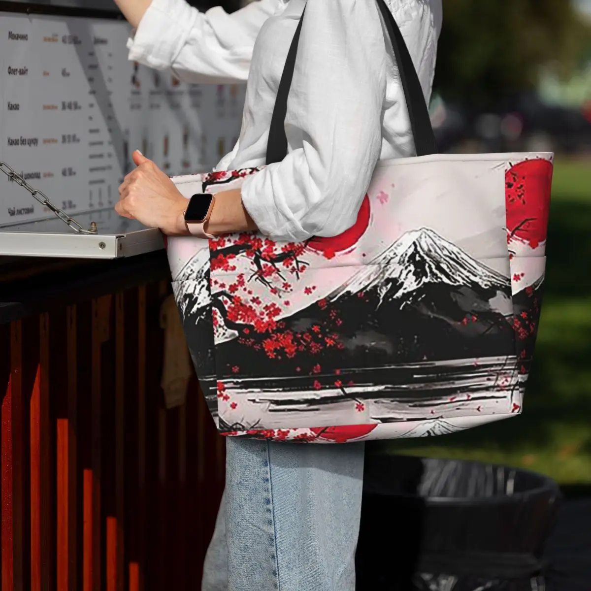Japan Sakura Cherry Blossoms With A Red Rising Sun Beach Tote Bag Sport Gym Yoga Duffle Large Tote Bag Women Travel Bag