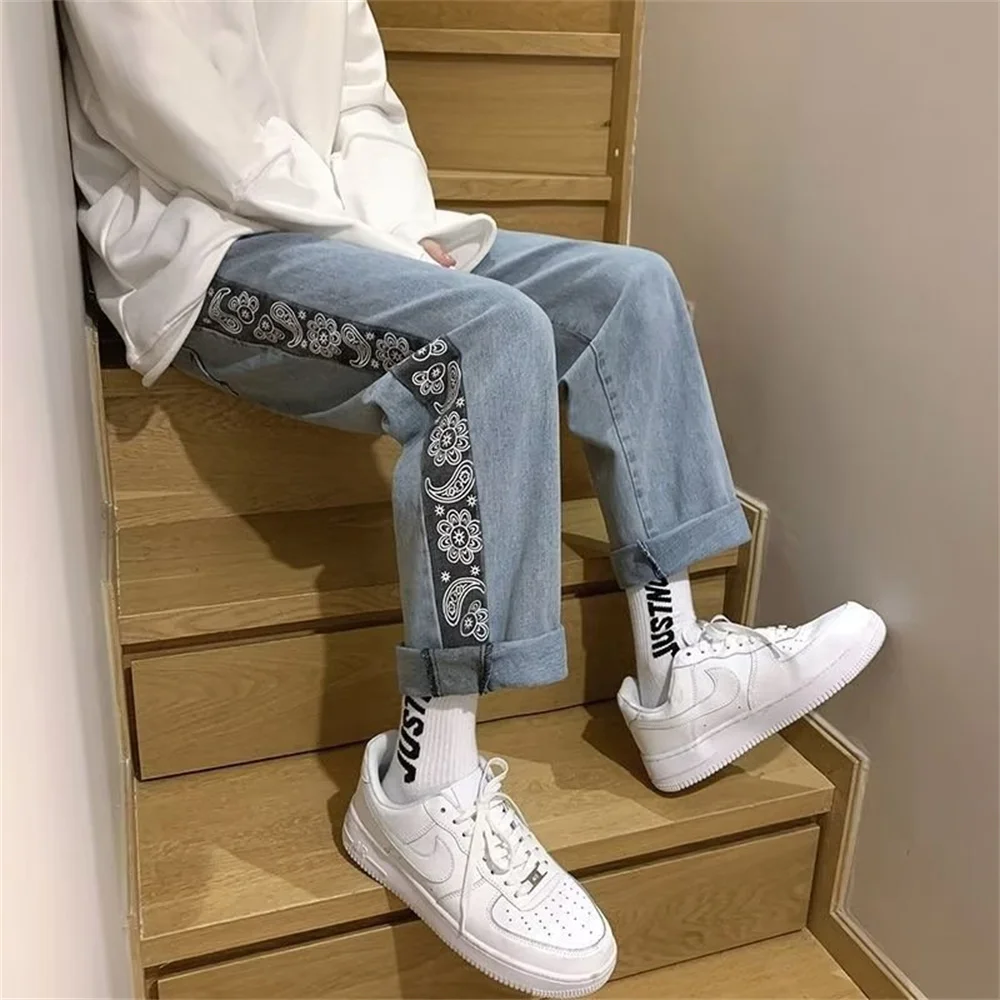 New High Street Loose Casual Jeans Mens Fashion Drawstring Straight Wide Leg Pants Side Checkerboard Plaid Patchwork Denim Jeans