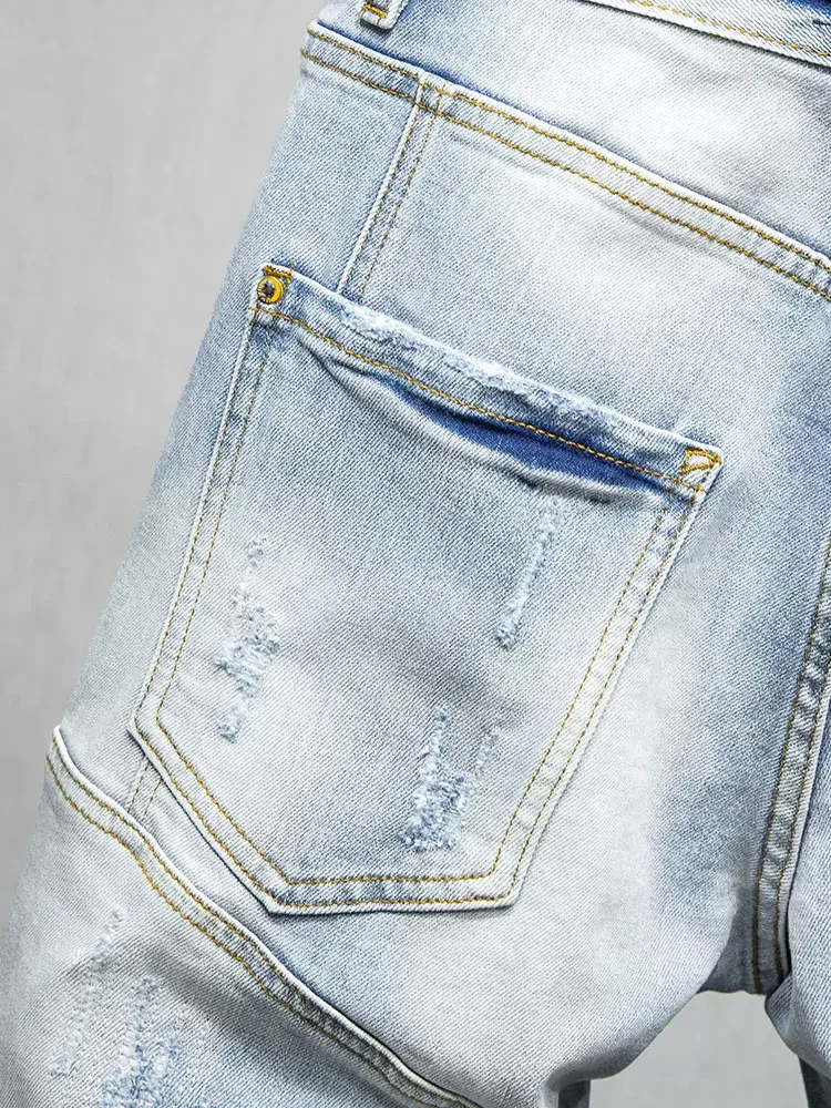 Summer Fashion Men Jeans High Quality Retro Light Blue Spliced Stretch Ripped Denim Shorts Men Vintage Casual Shorts Hombre