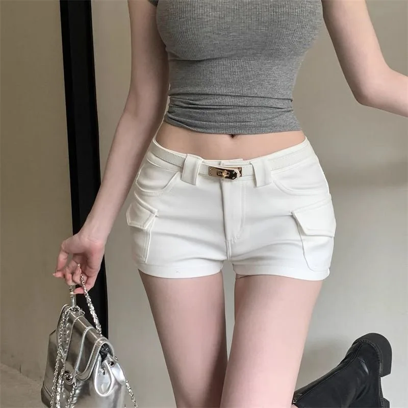 

Женские белые шорты-карго с карманами в корейском стиле, с поясом, мини-шорты с завышенной талией, женские весенне-летние сексуальные облегающие шорты