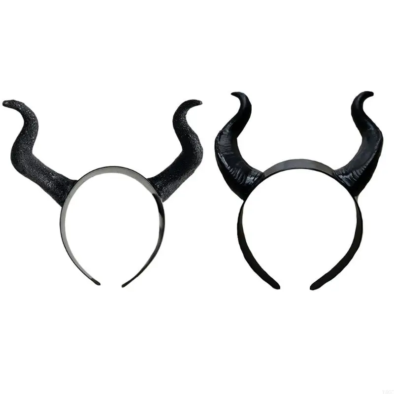 

Y5GC Halloween Witch Black Long Ox Horn Headband Movie Evil Queen Glitter Hair Hoop Gothic Cosplay Costume Accessory Props