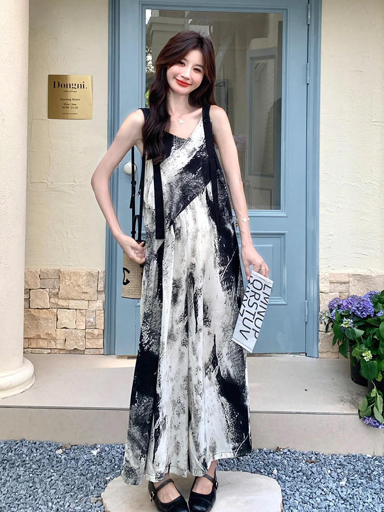 Conjunto de camiseta y mono de pierna ancha con tinte a base de agua para mujer, traje informal de una pieza con pantalones largos de cintura alta, verano 2025