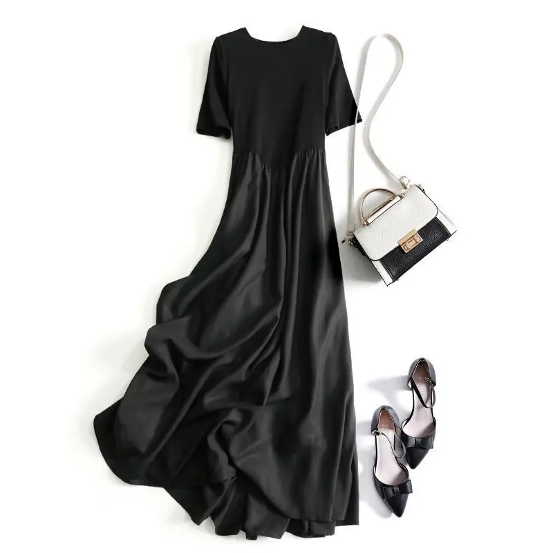 

Fake two-piece short-sleeved dress women's summer French small black dress medium and long