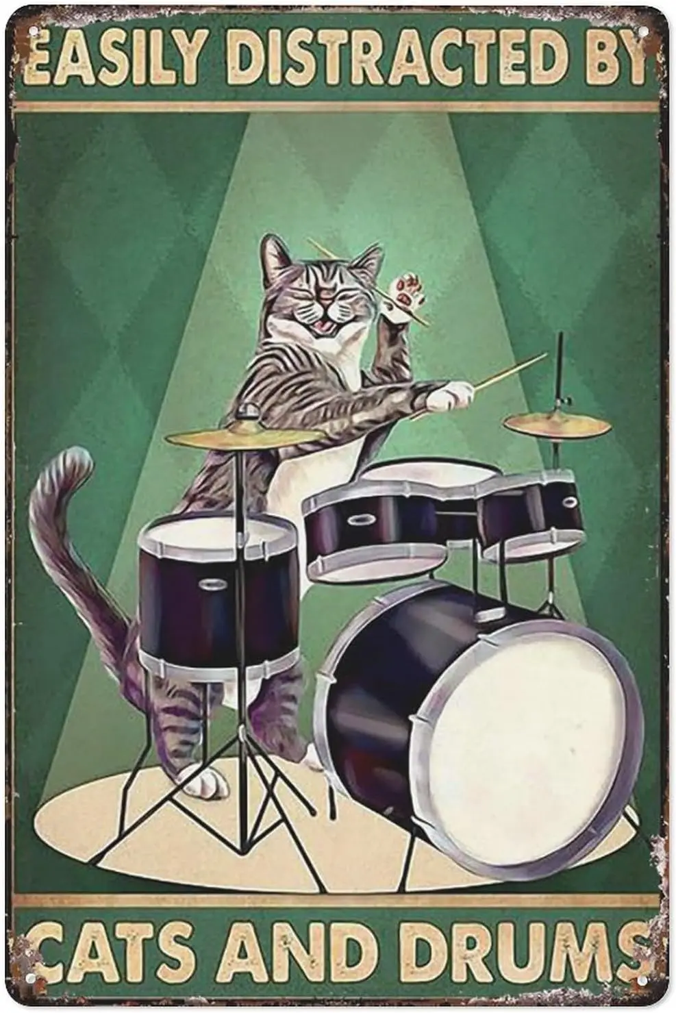 Retro Metal Tin Sign Happy Cat Easily Distracted By Cats And Drums Poster Wall Art 8X12 Inch Suitable For Home Bar Cafe Wall Dec