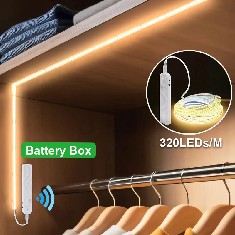 

COB LED Strip Light 5V 320LEDs/m PIR Motion Sensor Flexible Self-adhesive Tape Battery Powered for Cabinet Kitchen Lighting