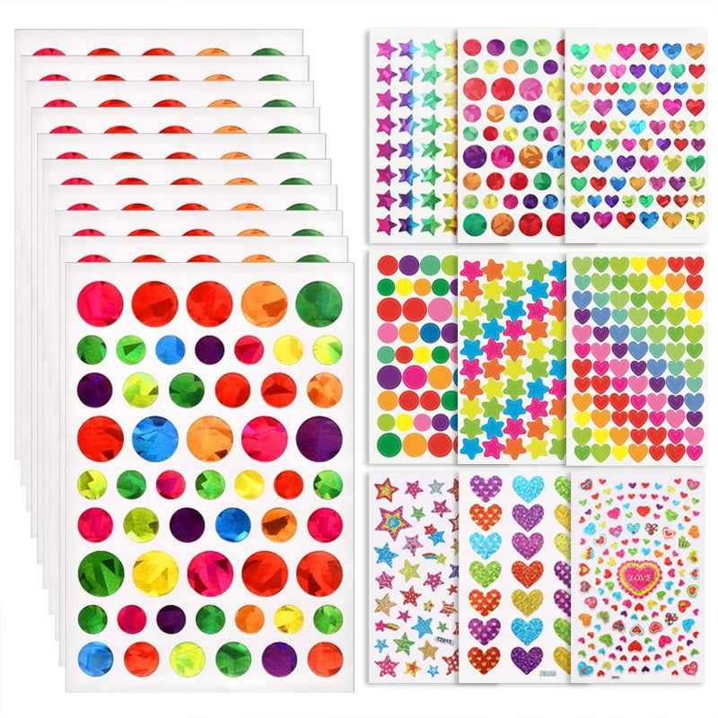 Autocollants Scrapbook avec étoiles, cœurs, cercles, couleurs éblouissantes, pour bricolage, artisanat, journal, livre de mémoire, décoration, TMZ, 10 à 50 feuilles