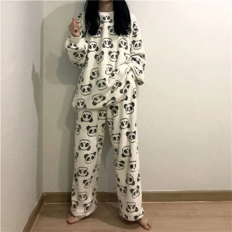 

Kawaii Animal Panda Pajamas Set Y2k Girls Winter Thickened Flannel Pijamas Women Students Cute Coral Velvet Long Sleeve Homewear