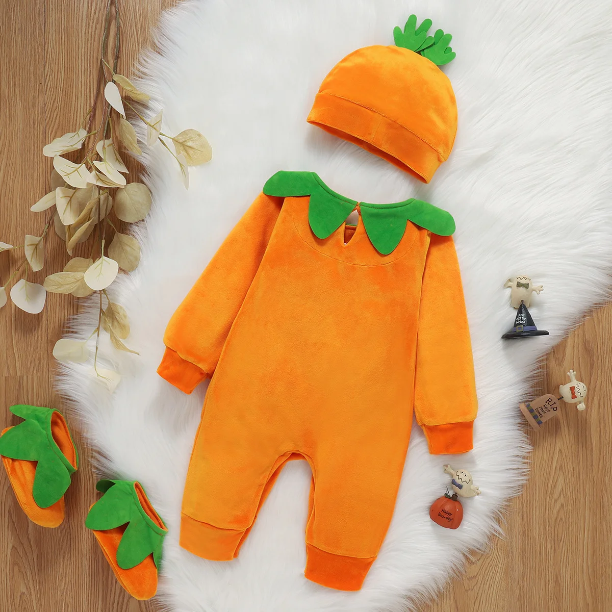 Halloween Baby Jumpsuit Pumpkin Long Sleeve Hat Socks Three-Piece Set, Baby Halloween Costume, Baby Pumpkin Dress-Up  127