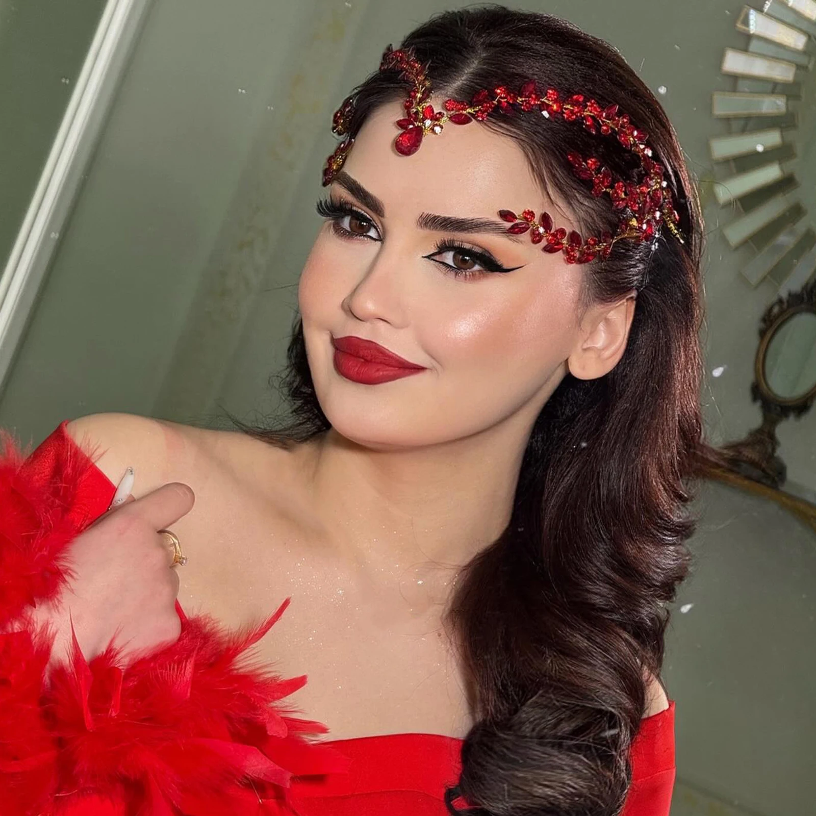 TOPQUEEN Red Teardrop Rhinestone Bridal Forehead Headband Flexible Diadema Accesorios Nupciales Wedding Accessories HP599