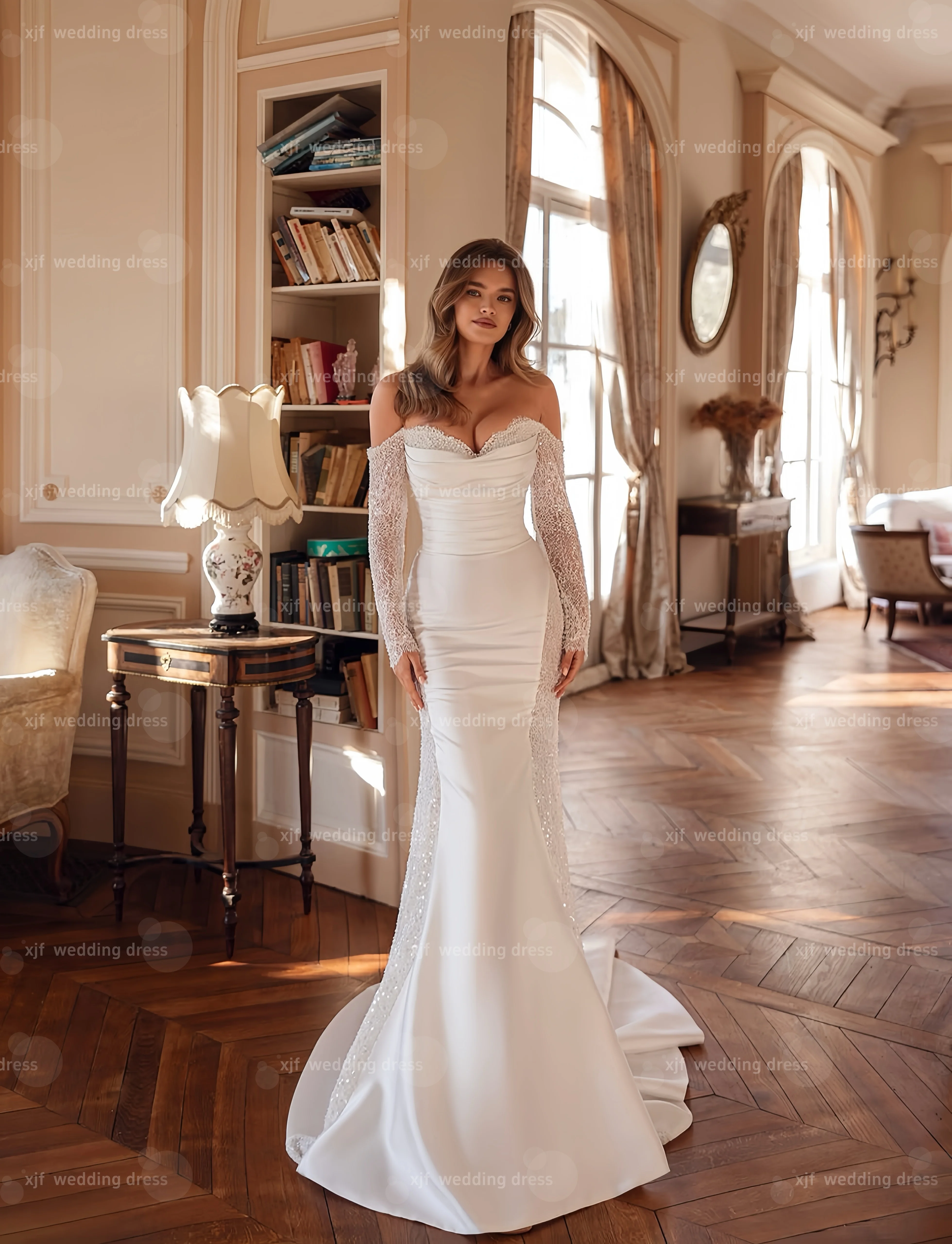 Customzied Sweet Collar Long Sleeve Satin Mermaid wedding dress vestidos de novia amanda novias amanda novias official