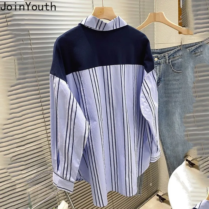 Striped Shirts Fashion Long Sleeve Korean Blouses for Women 2024 Camisas De Mujer Fake Two Casual Blouse Vintage Oversized Tops