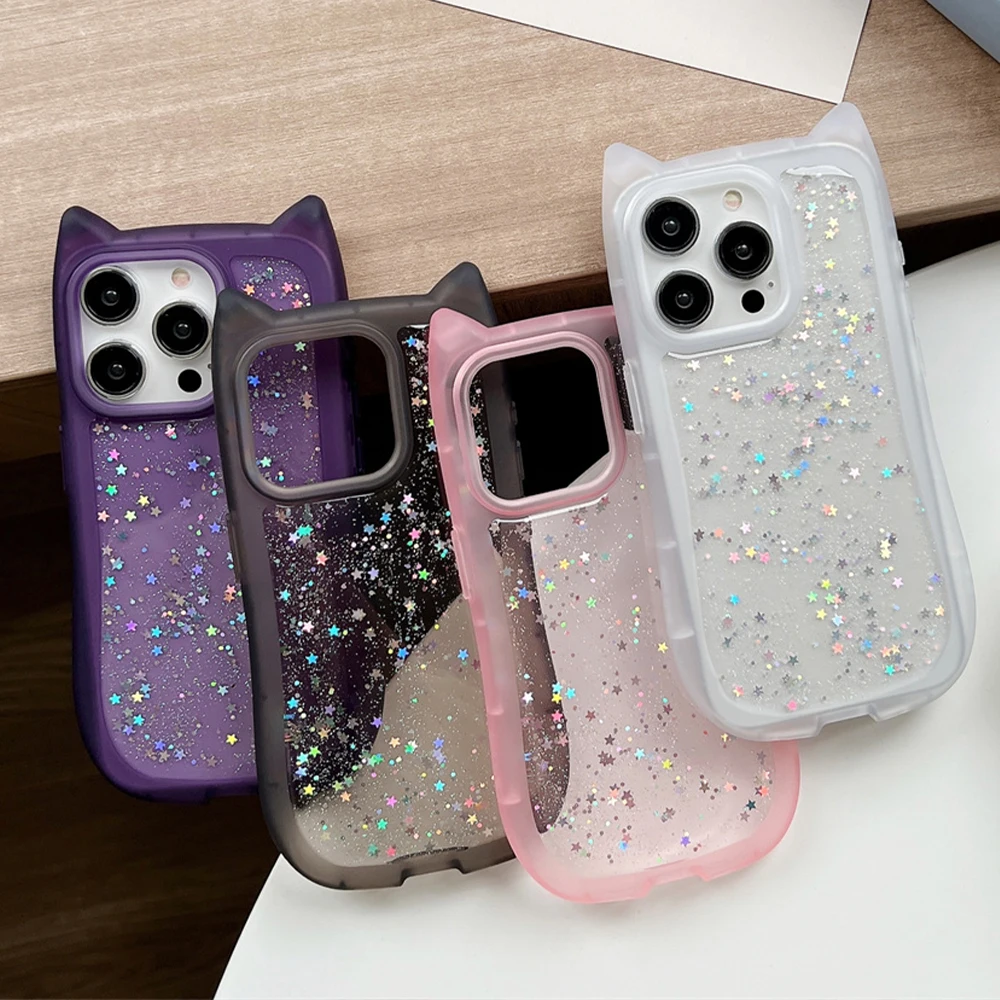 Cute Cat Ears Glitter Silicone Clear Phone Case For iPhone 16 15 14 13 12 11 Pro Max 3D Cartoon Shockproof Protection Back Cover